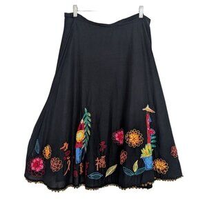 Chicos 1 Embroidered Asian Midi Skirt Womens Size Medium Black Garden Beaded Hem